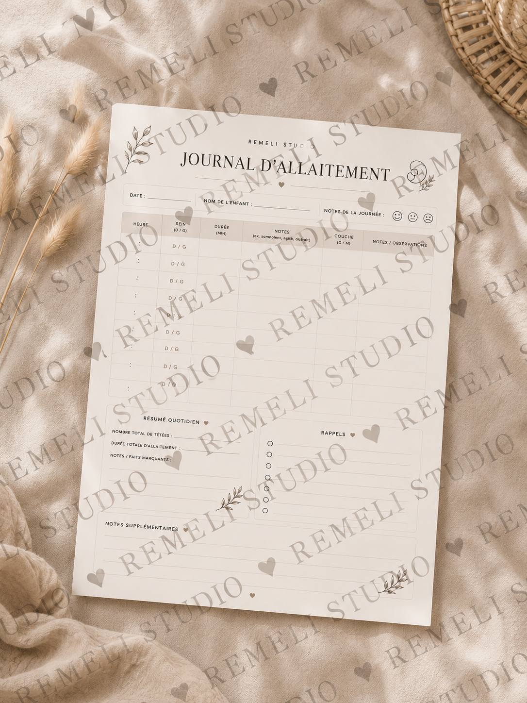 Journal d’allaitement | French Breastfeeding Log | Remeli Studio™
