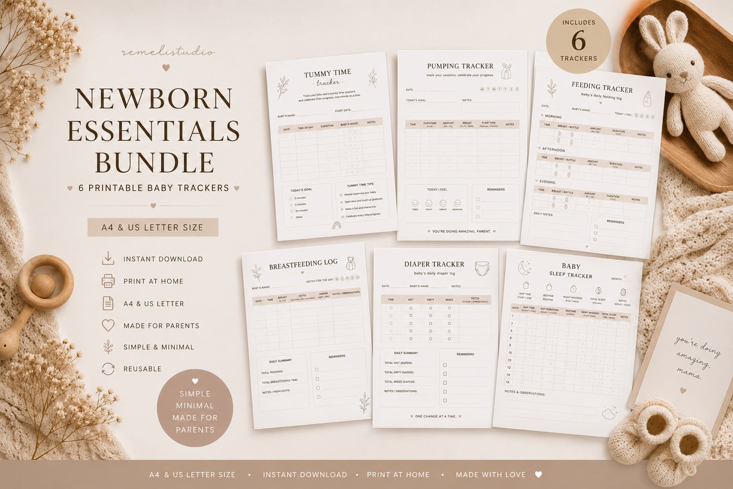 Newborn Essentials Bundle | 6 Printable Baby Trackers | Remeli Studio™