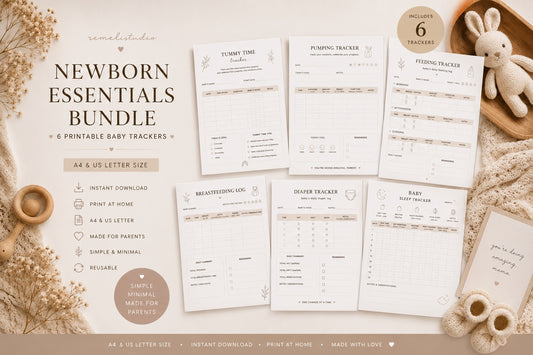 Newborn Essentials Bundle | 6 Printable Baby Trackers | Remeli Studio™