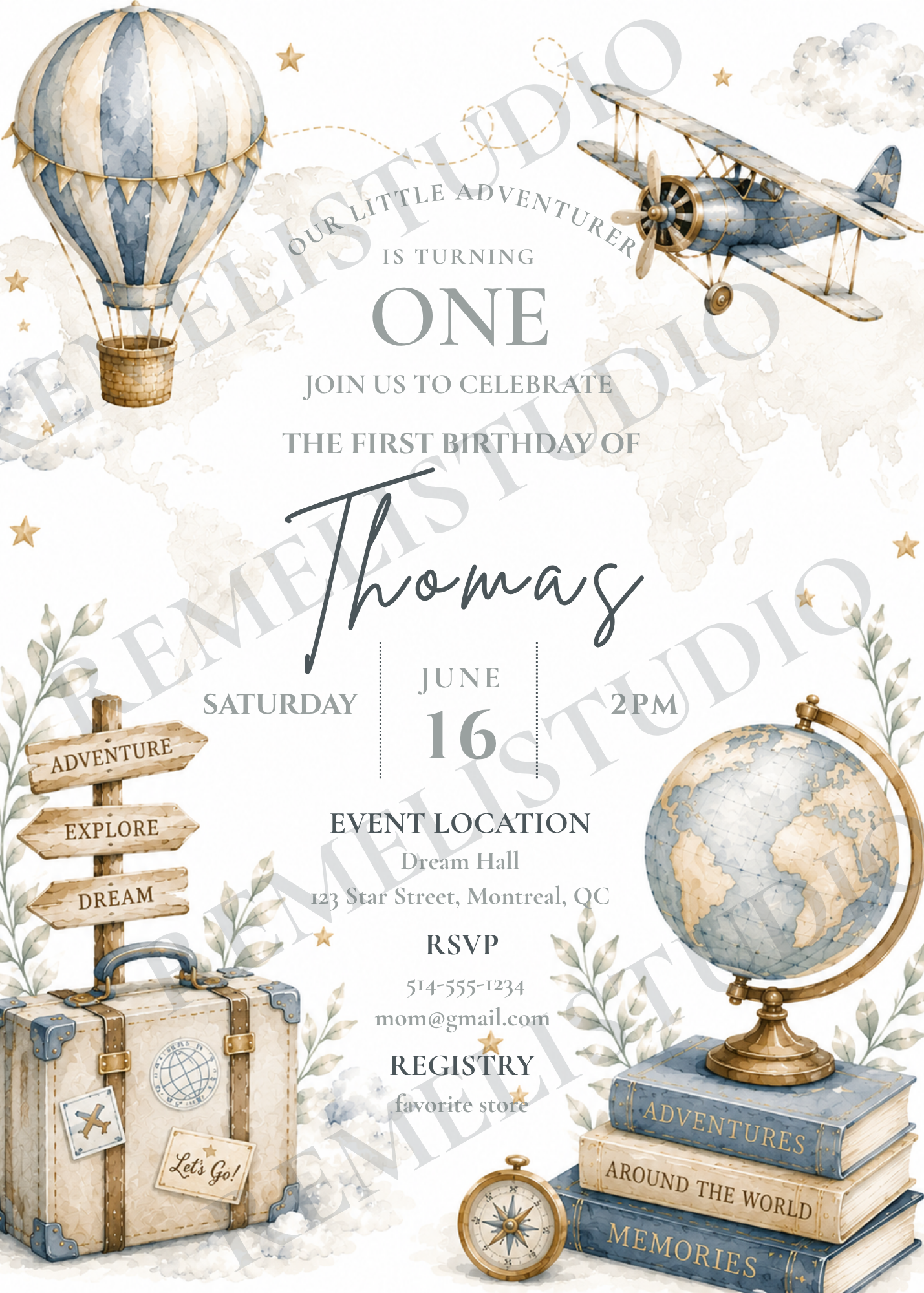 Around the world 1st Birthday Invitation | Autour du monde invitation 1er anniversaire | FR & EN  | Remelin Studio