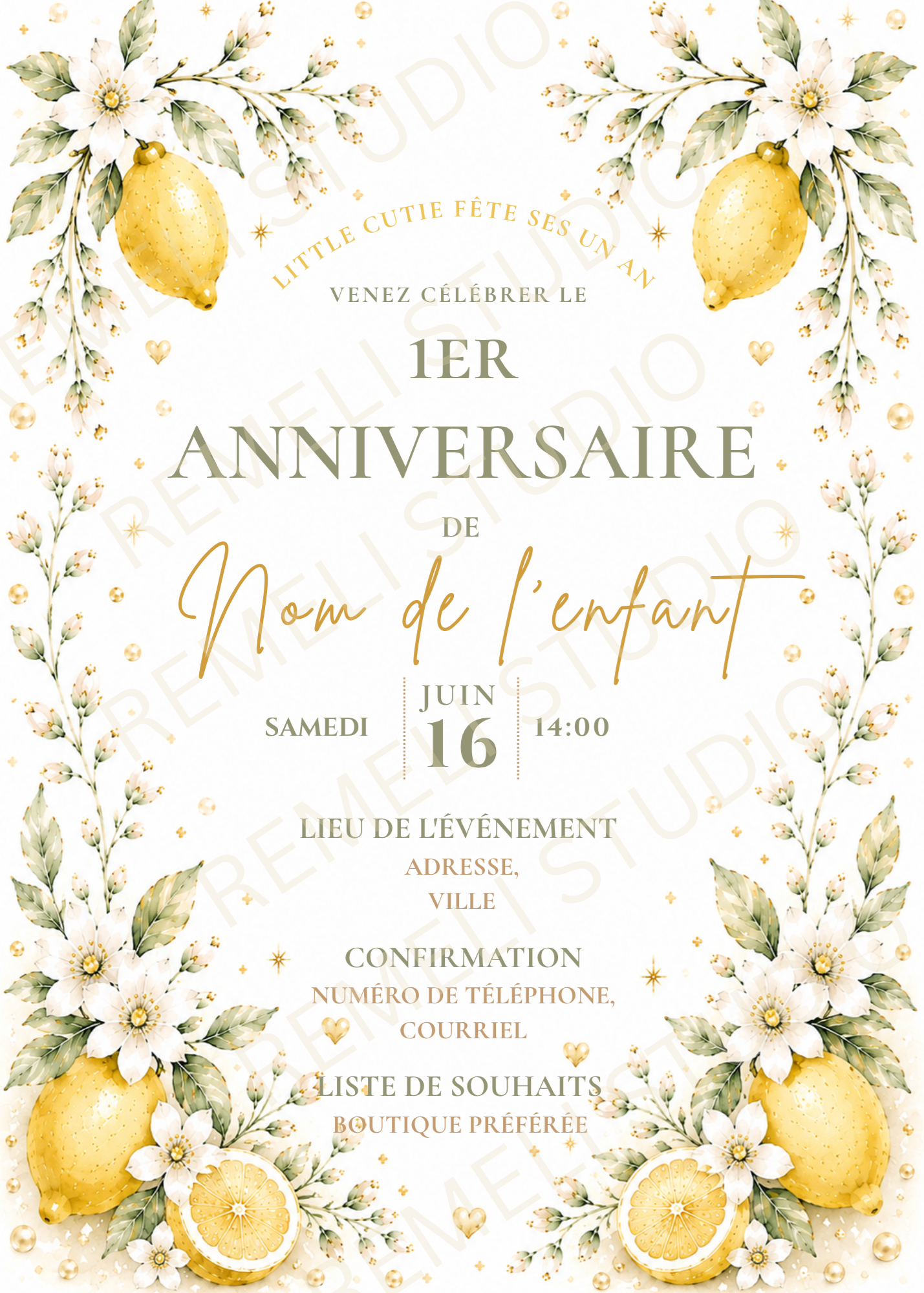 Lemon 1st birthday invitation | Citron invitation 1er anniversaire | Remeli Studio | Fr & En