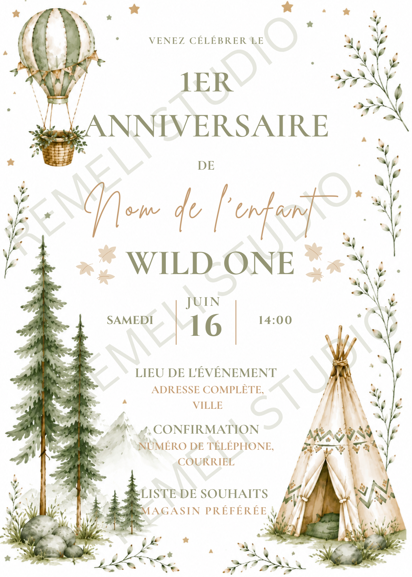 Wild one 1st birthday invite - Remeli Studio - FR & EN