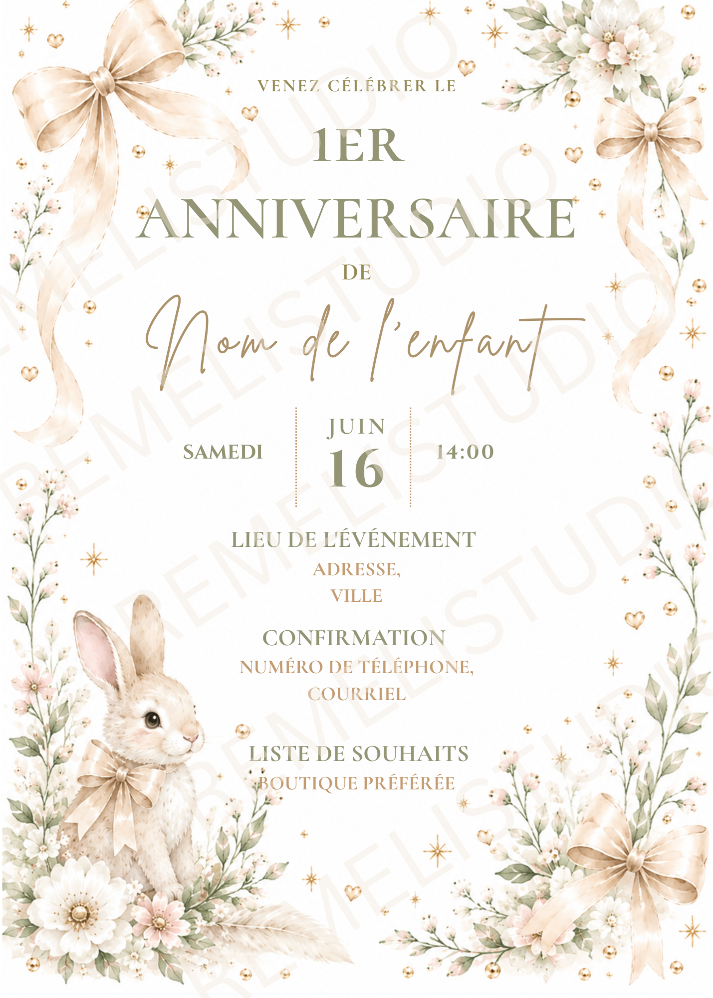 Bunny 1st birthday invitation | Lapin invitation 1er anniversaire | FR&EN | Remeli Studio