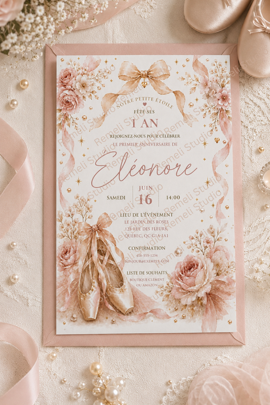 Ballet 1st birthday invitation | Ballet invitation 1er anniversaire | FR & EN | Remeli Studio
