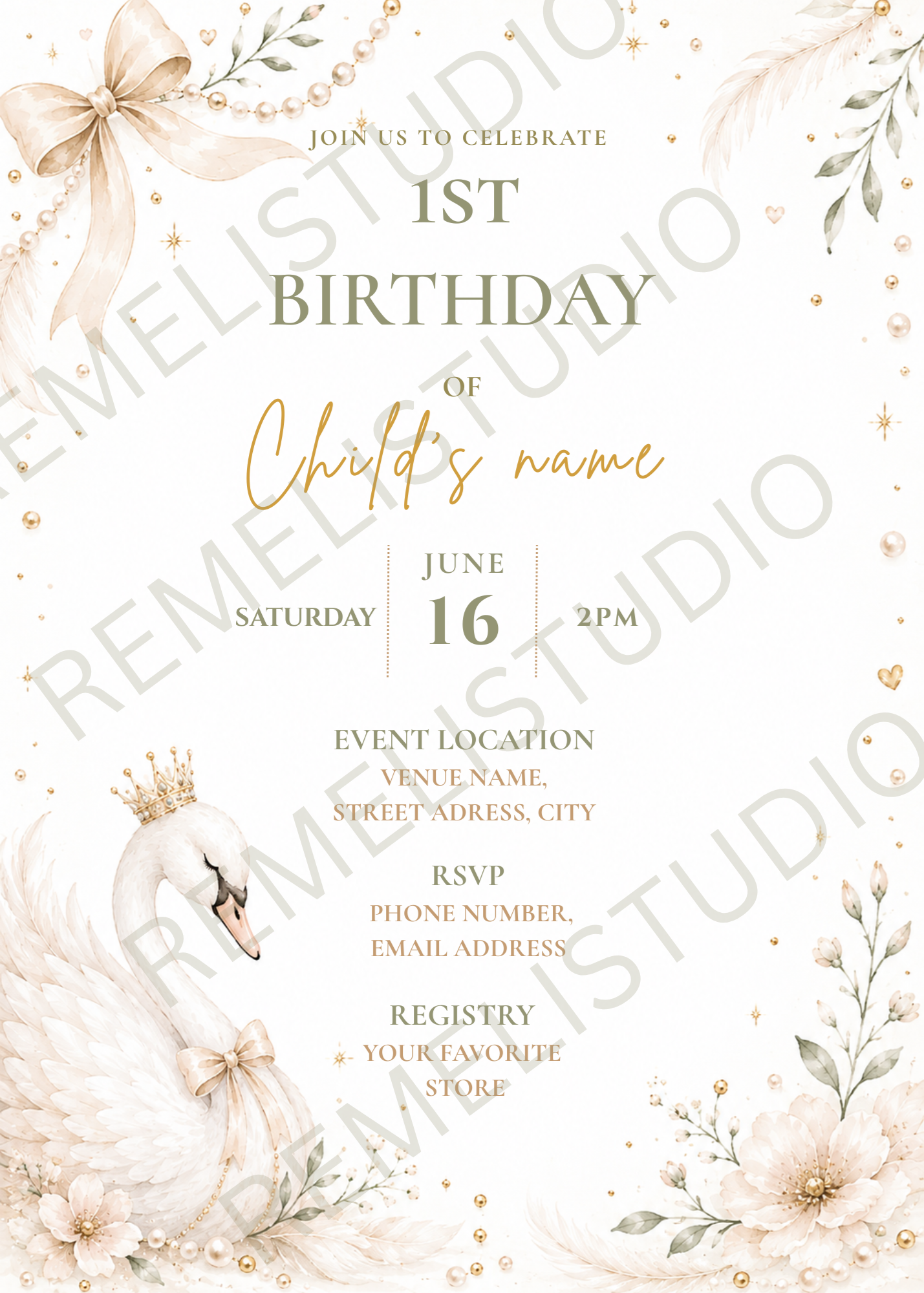 Swan and Pearls 1st birthday invitation | Cygne et Perles invitation 1er anniversaire | FR & EN | Remeli Studio