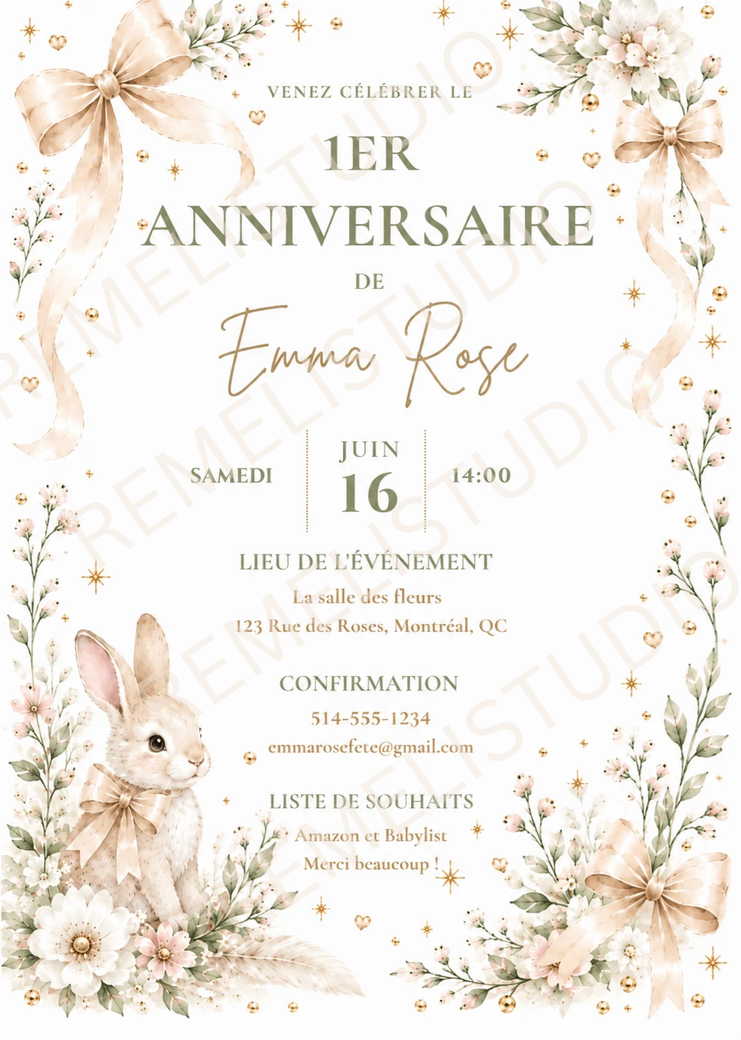 Bunny 1st birthday invitation | Lapin invitation 1er anniversaire | FR&EN | Remeli Studio