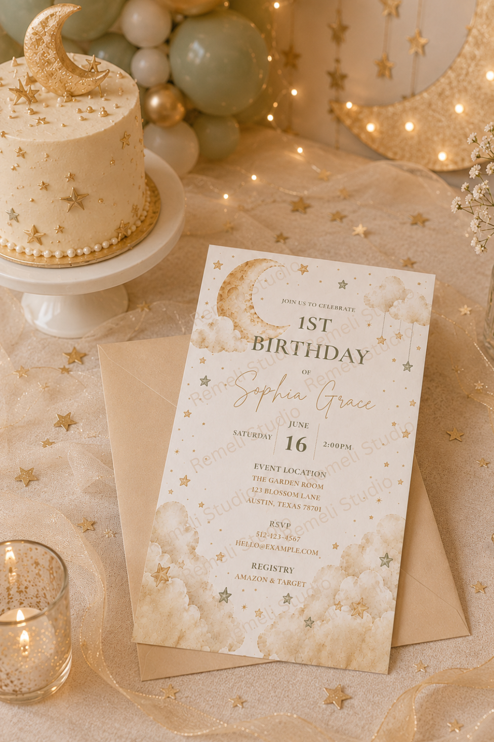 Moon and Stars 1st birthday invite - Remeli Studios - ENG & FR