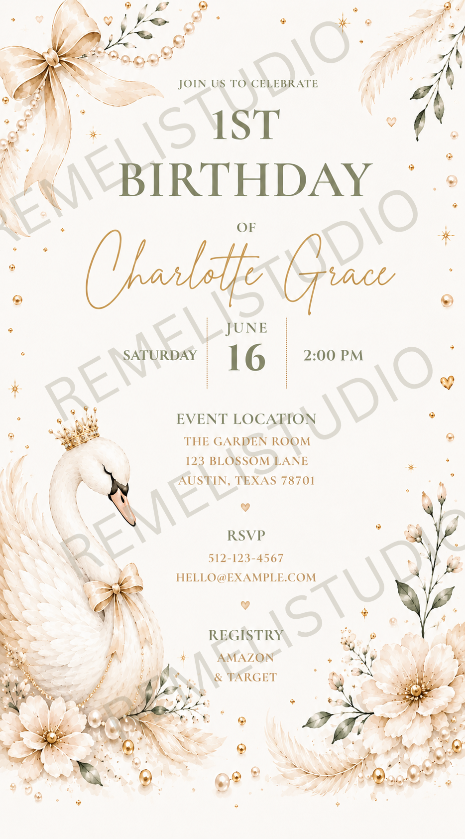 Swan and Pearls 1st birthday invitation | Cygne et Perles invitation 1er anniversaire | FR & EN | Remeli Studio