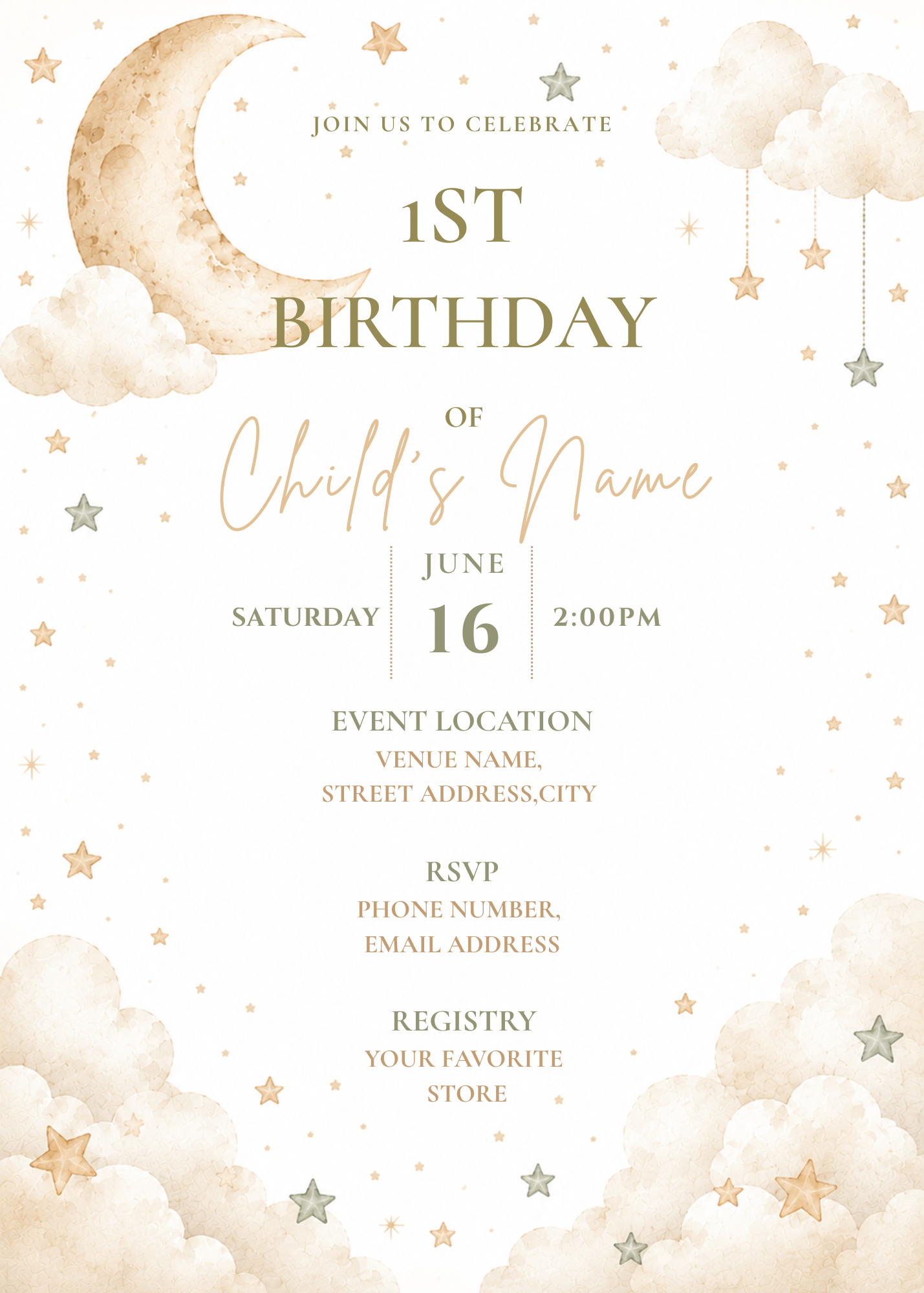Moon and Stars 1st birthday invite - Remeli Studios - ENG & FR