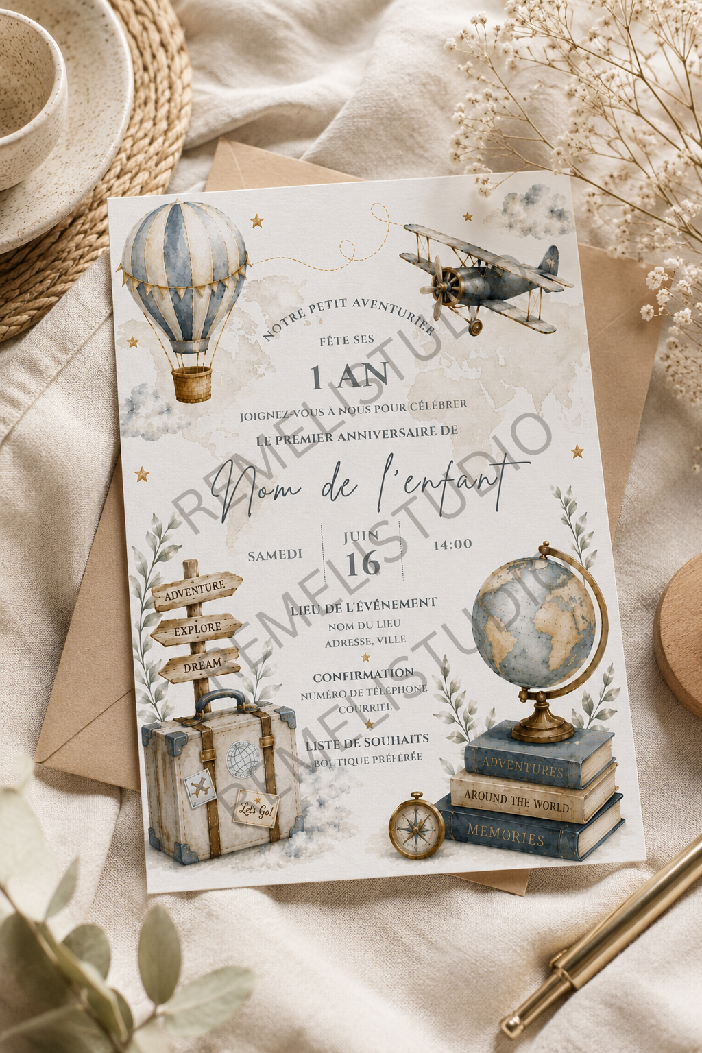 Around the world 1st Birthday Invitation | Autour du monde invitation 1er anniversaire | FR & EN  | Remelin Studio