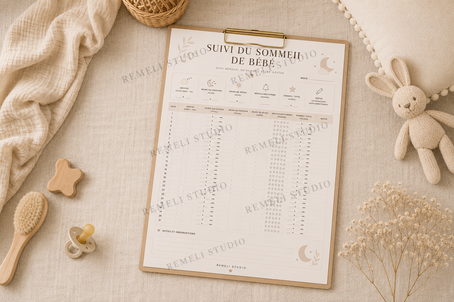 Suivi Mensuel du Sommeil de Bébé | Remeli Studio