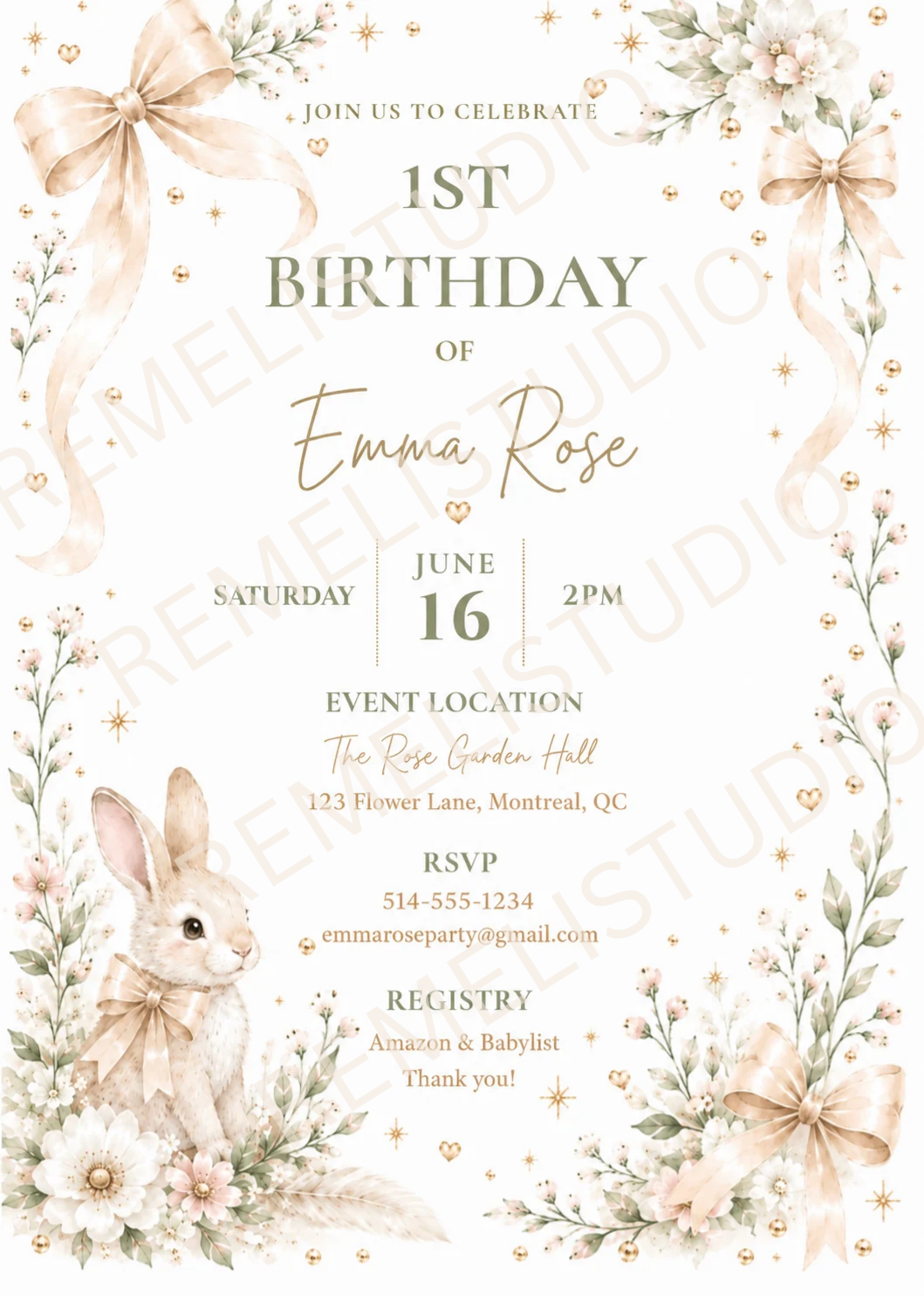 Bunny 1st birthday invitation | Lapin invitation 1er anniversaire | FR&EN | Remeli Studio