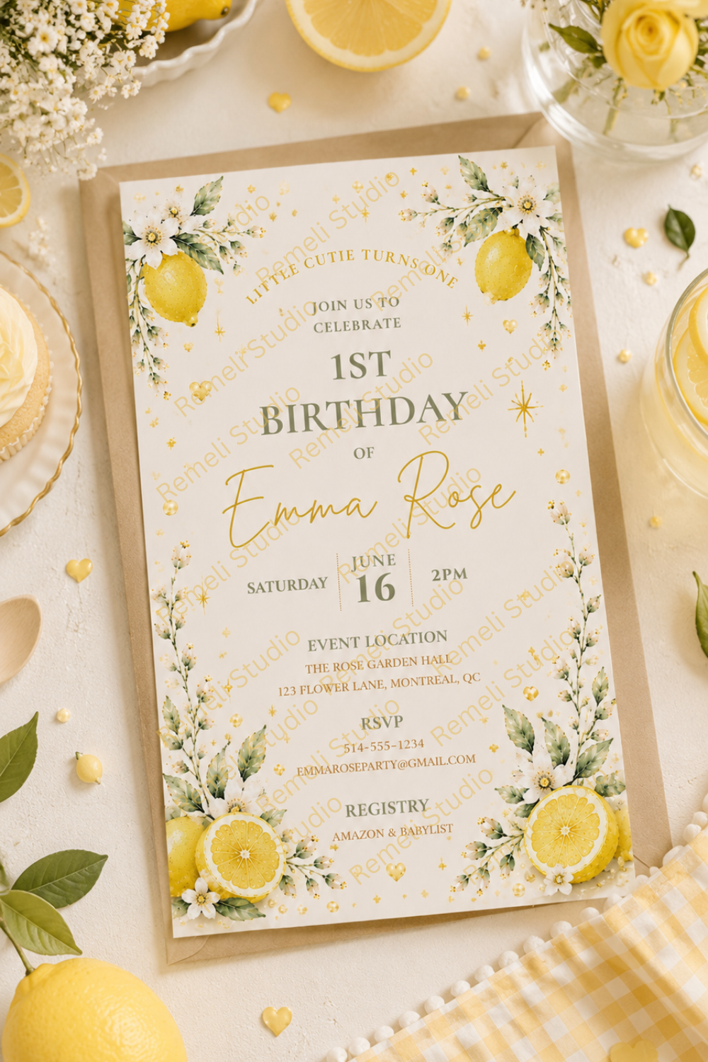 Lemon 1st birthday invitation | Citron invitation 1er anniversaire | Remeli Studio | Fr & En