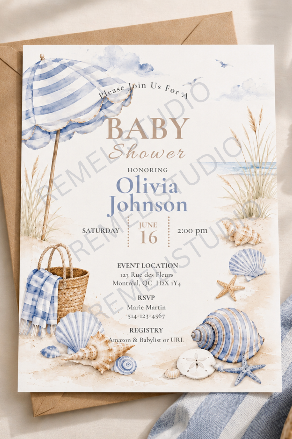Baby shower invite by the Sea | Baby shower invitation à la mer | FR & EN | Remeli Studio