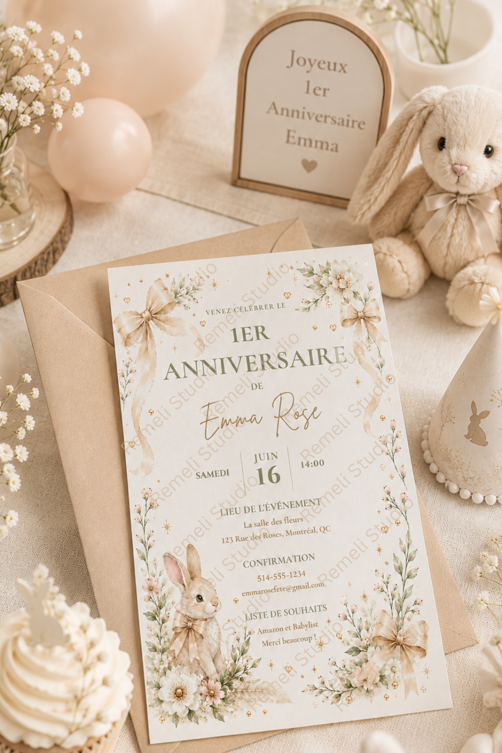 Bunny 1st birthday invitation | Lapin invitation 1er anniversaire | FR&EN | Remeli Studio