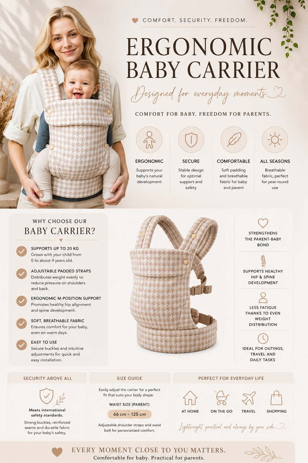 Premium Adjustable Baby Carrier | Champagne Houndstooth