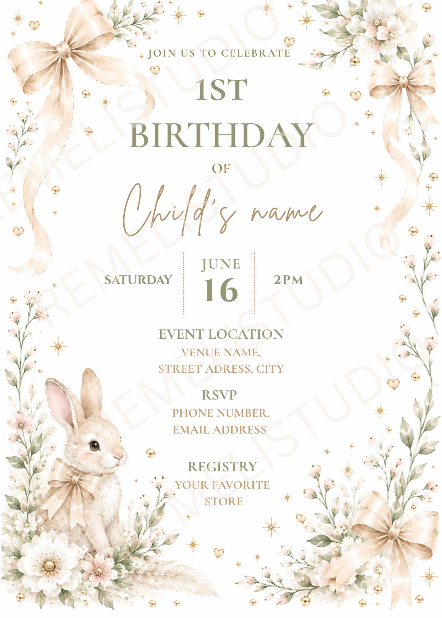 Bunny 1st birthday invitation | Lapin invitation 1er anniversaire | FR&EN | Remeli Studio