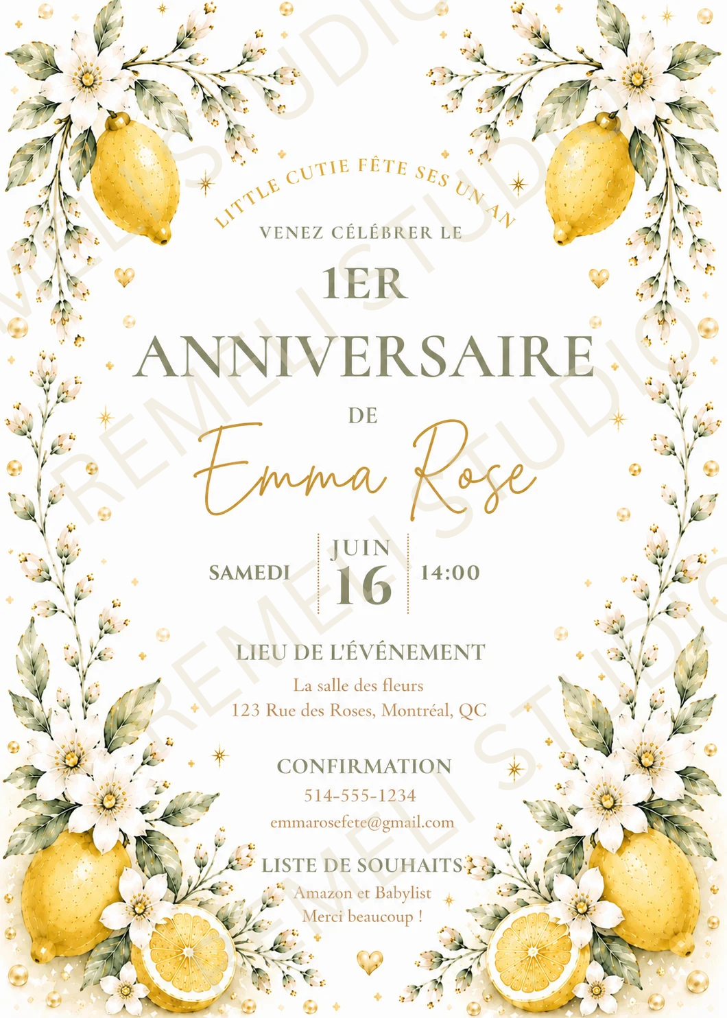 Lemon 1st birthday invitation | Citron invitation 1er anniversaire | Remeli Studio | Fr & En