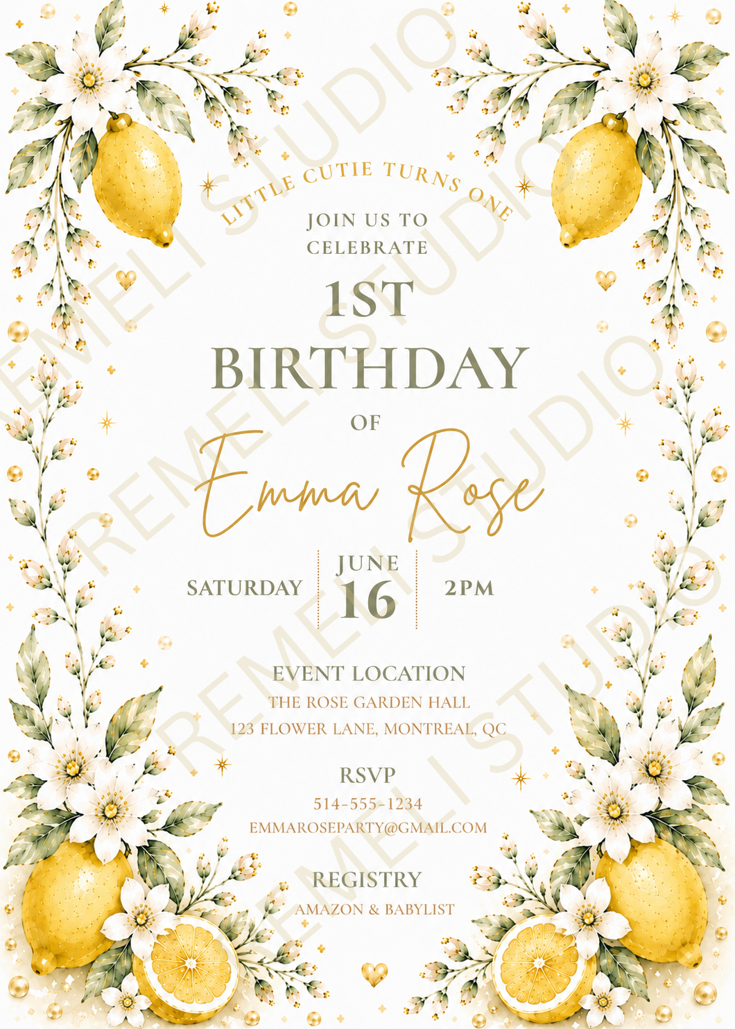 Lemon 1st birthday invitation | Citron invitation 1er anniversaire | Remeli Studio | Fr & En