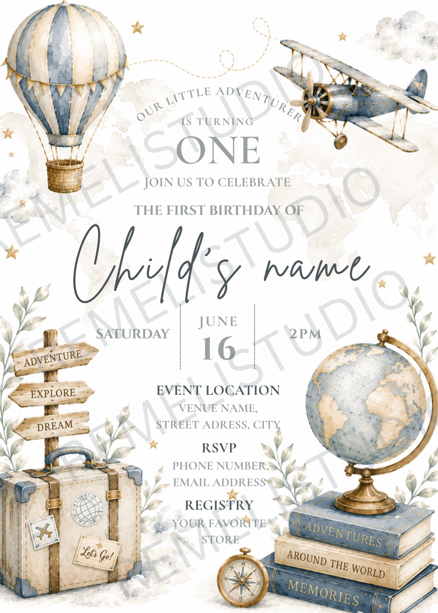 Around the world 1st Birthday Invitation | Autour du monde invitation 1er anniversaire | FR & EN  | Remelin Studio