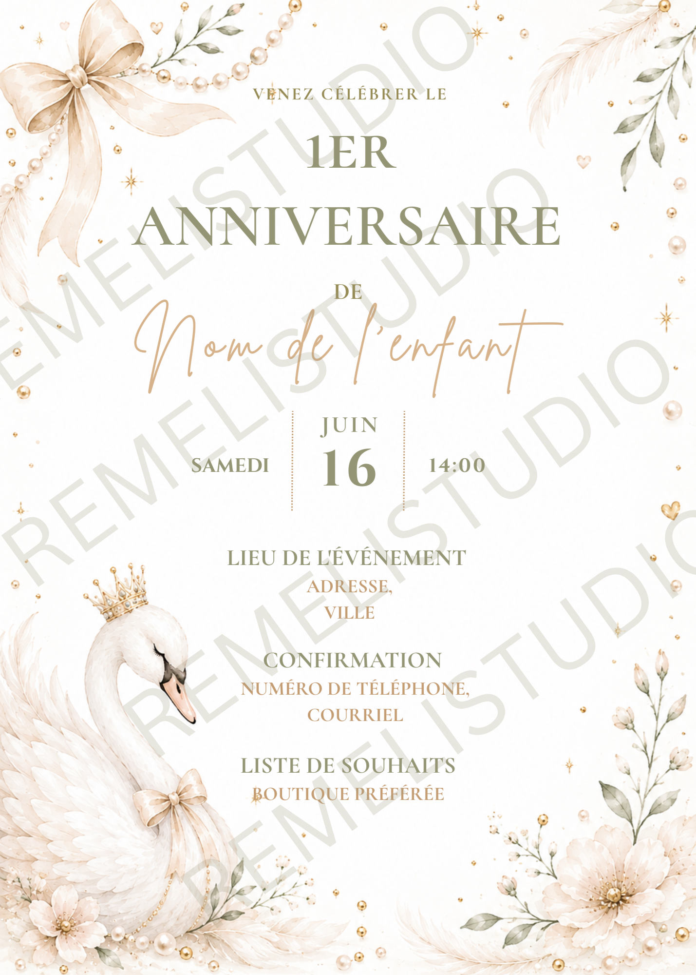 Swan and Pearls 1st birthday invitation | Cygne et Perles invitation 1er anniversaire | FR & EN | Remeli Studio