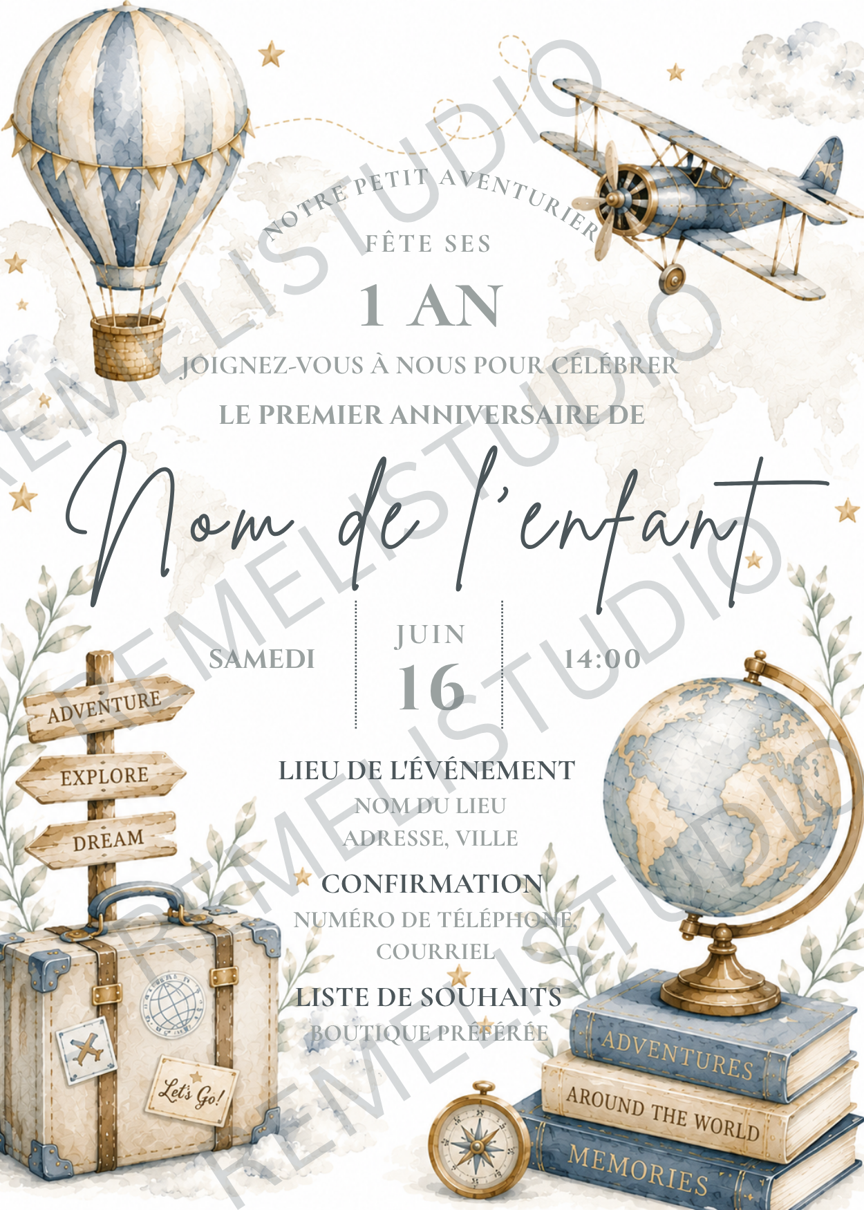 Around the world 1st Birthday Invitation | Autour du monde invitation 1er anniversaire | FR & EN  | Remelin Studio