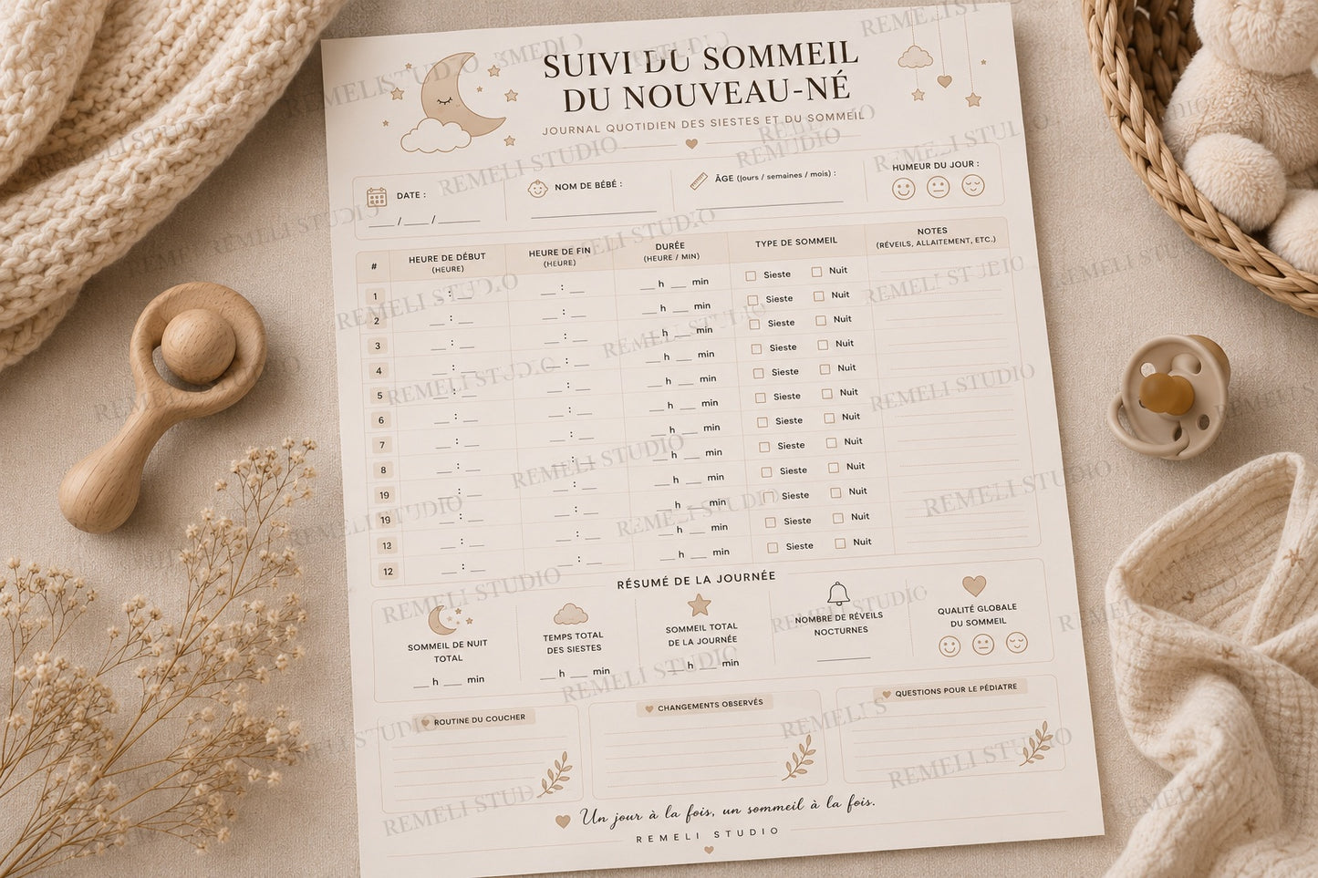 Journal quotidien du sommeil nouveau né | Remeli Studio