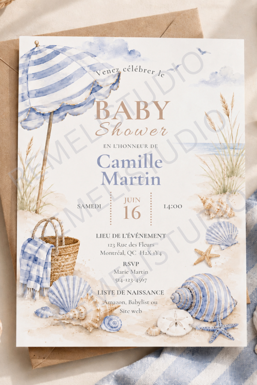 Baby shower invite by the Sea | Baby shower invitation à la mer | FR & EN | Remeli Studio