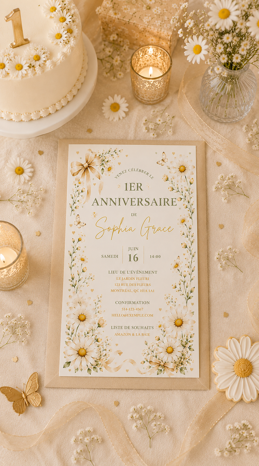 Daysi 1ST Birthday Invitation - Remeli Studio - English & French