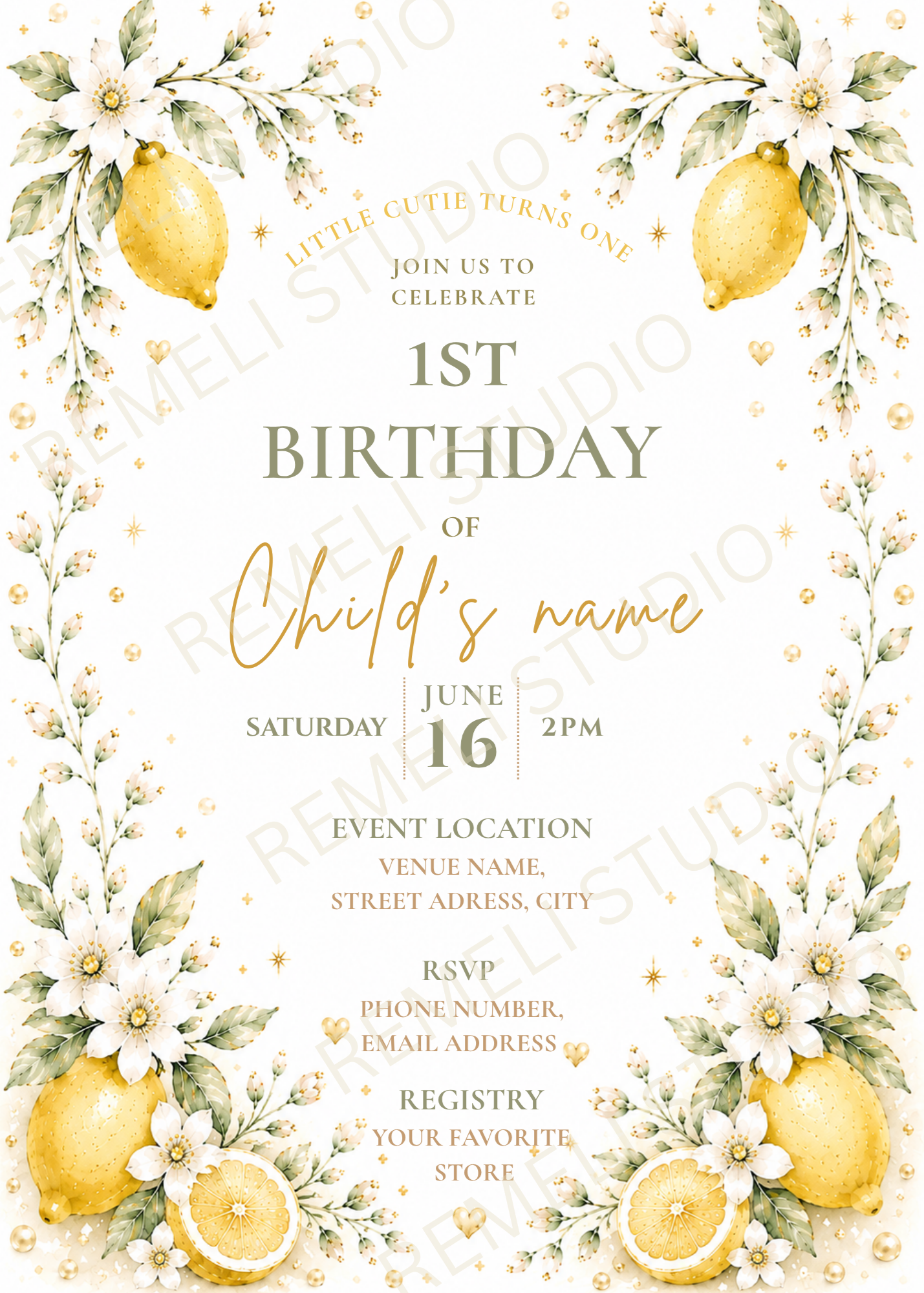 Lemon 1st birthday invitation | Citron invitation 1er anniversaire | Remeli Studio | Fr & En
