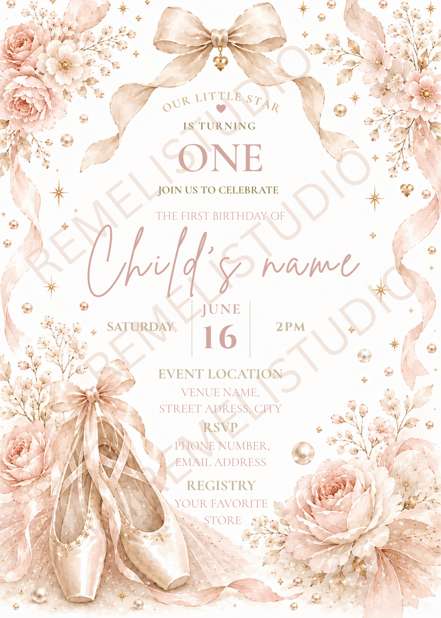 Ballet 1st birthday invitation | Ballet invitation 1er anniversaire | FR & EN | Remeli Studio