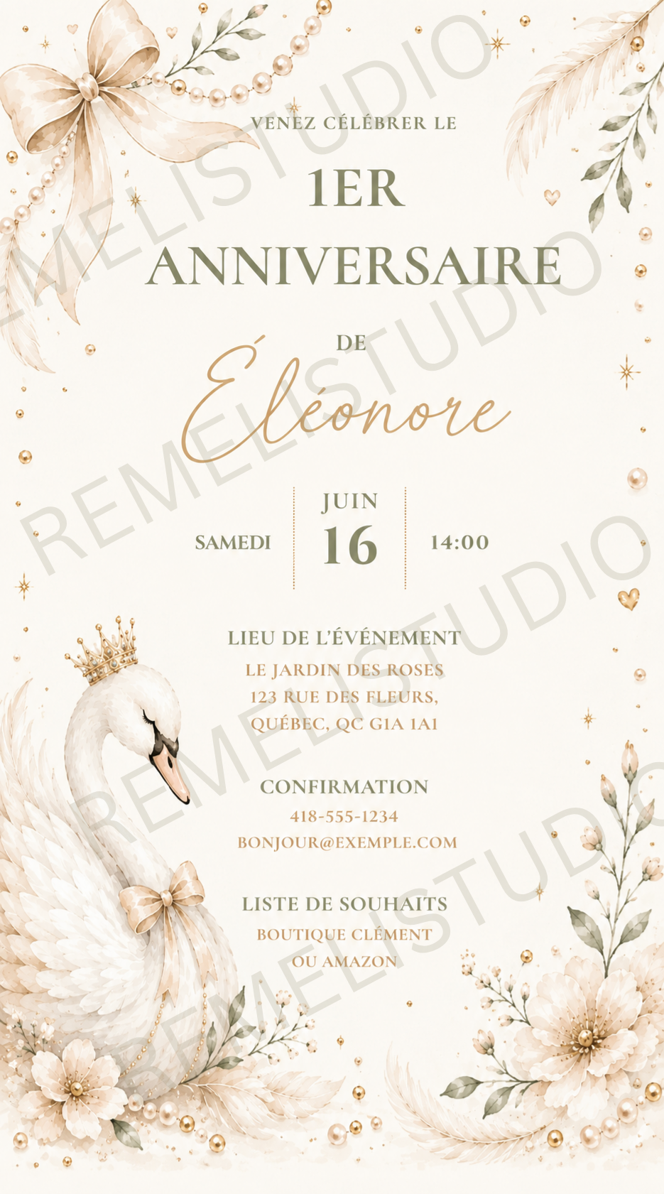 Swan and Pearls 1st birthday invitation | Cygne et Perles invitation 1er anniversaire | FR & EN | Remeli Studio