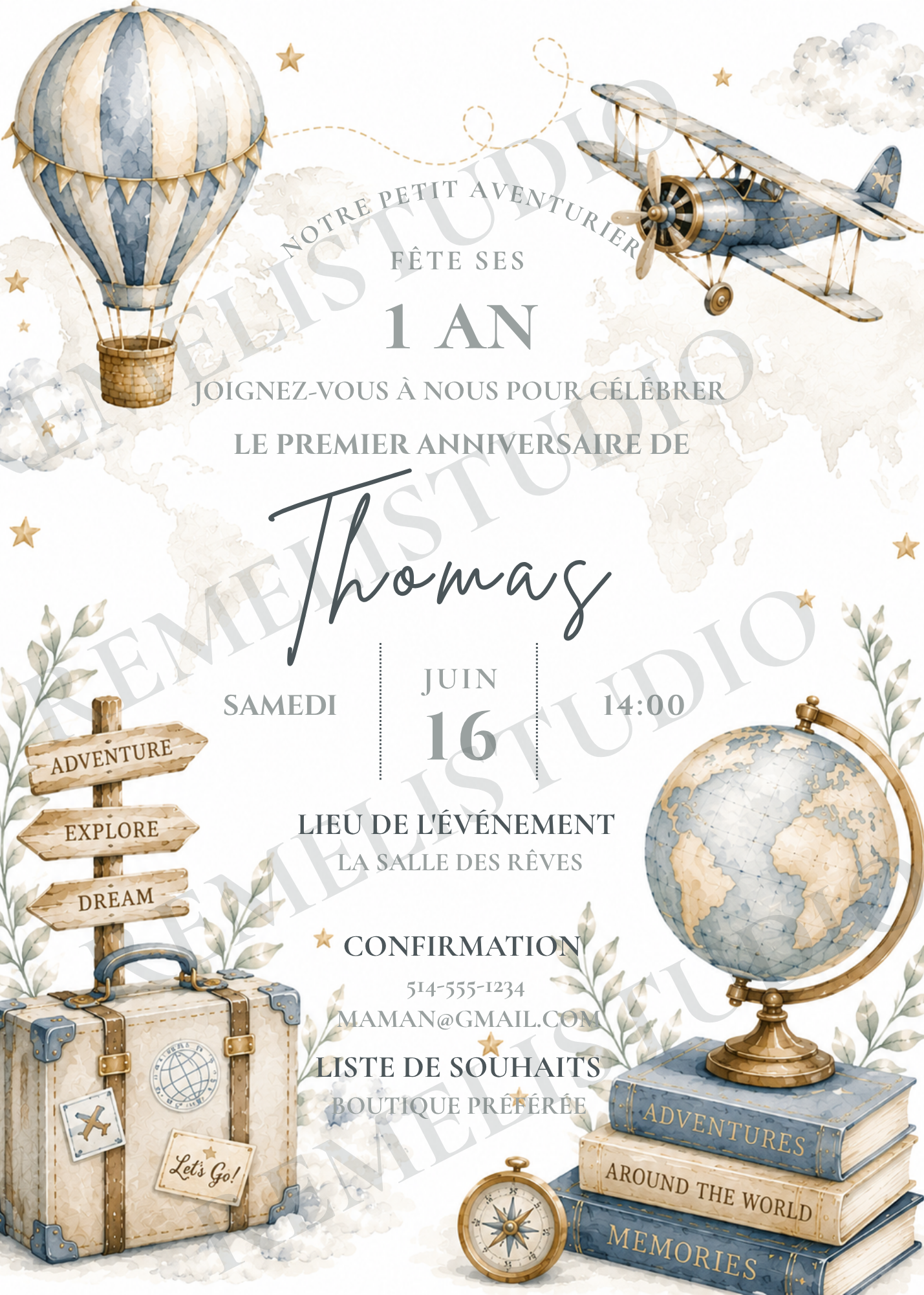 Around the world 1st Birthday Invitation | Autour du monde invitation 1er anniversaire | FR & EN  | Remelin Studio