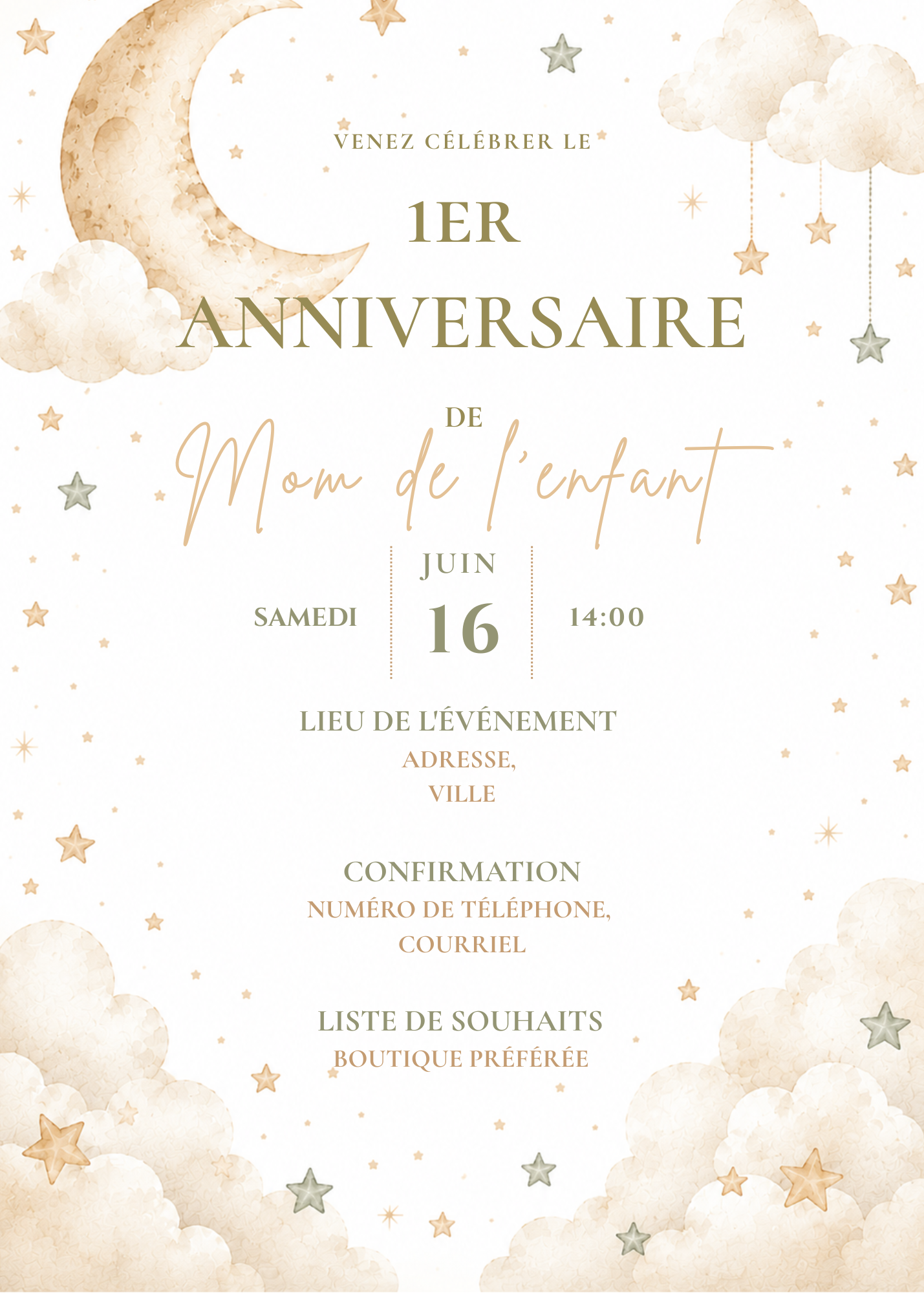 Moon and Stars 1st birthday invite - Remeli Studios - ENG & FR