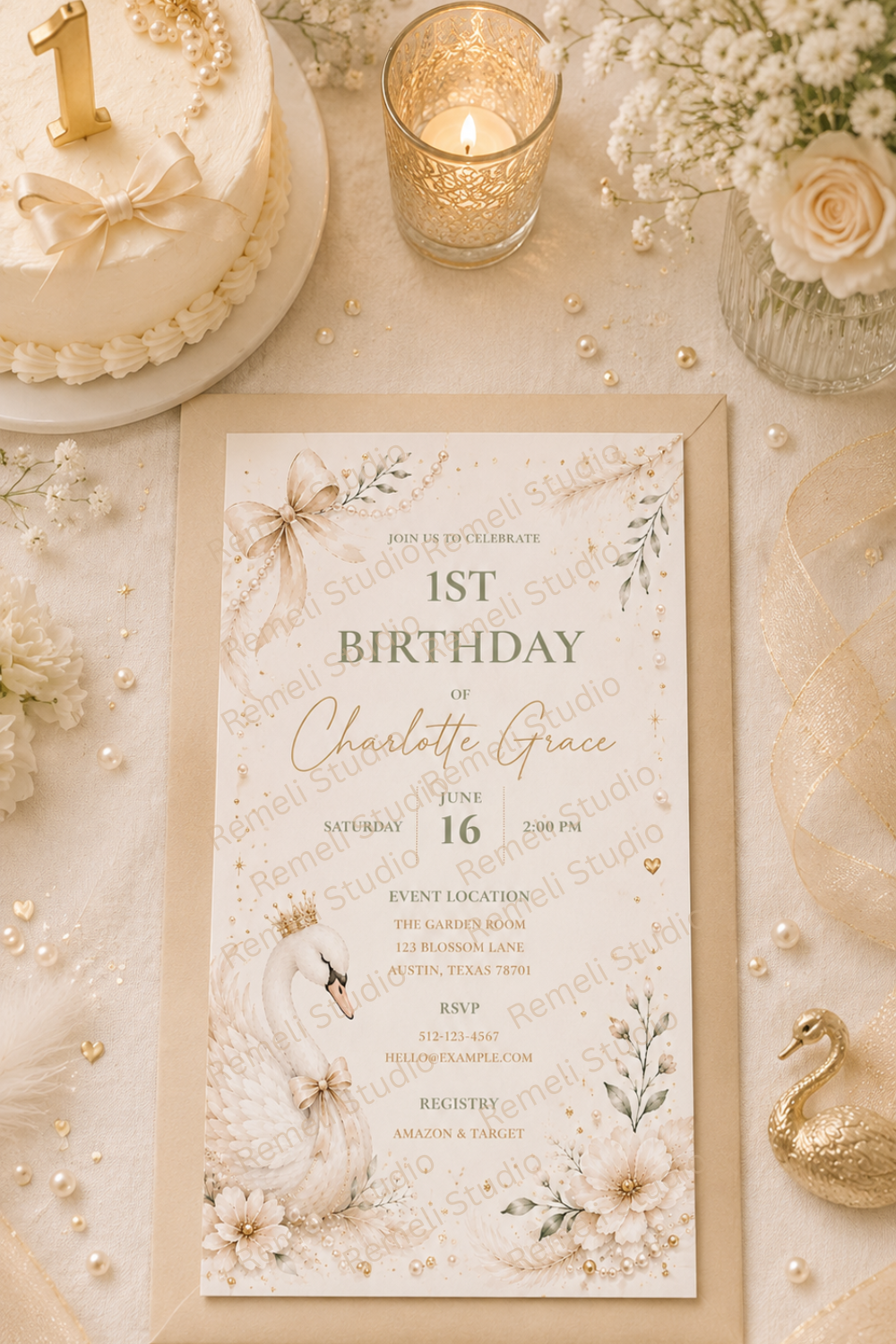 Swan and Pearls 1st birthday invitation | Cygne et Perles invitation 1er anniversaire | FR & EN | Remeli Studio